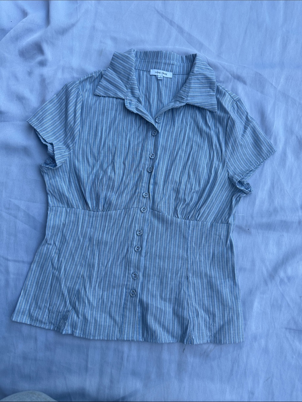 Love Tree Sky Blue Striped Button-Down Collared Blouse